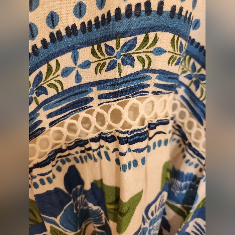 FARM Rio Blue and White Resort Maxi Dress with V-neck Bishop Sleeves - Picture 10 of 16
